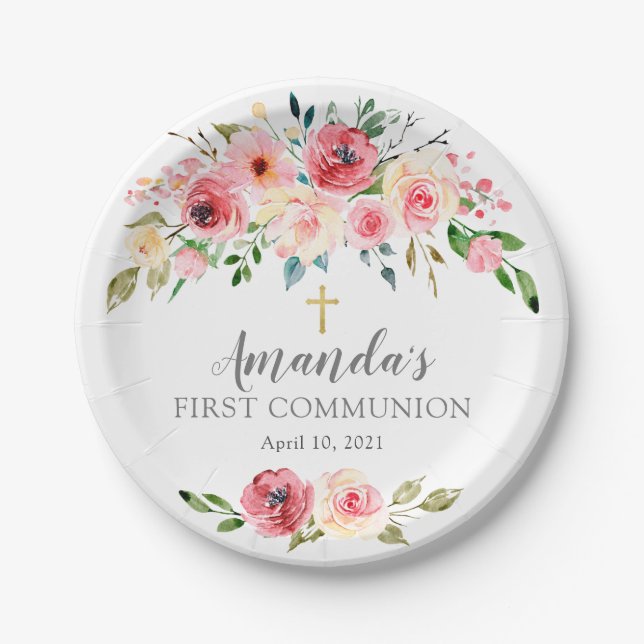 Peonies Rose Floral Communion Paper Plate (Front)