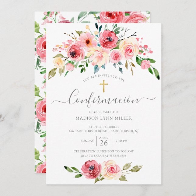Peonies Rose Spanish Confirmation Invitation (Front/Back)