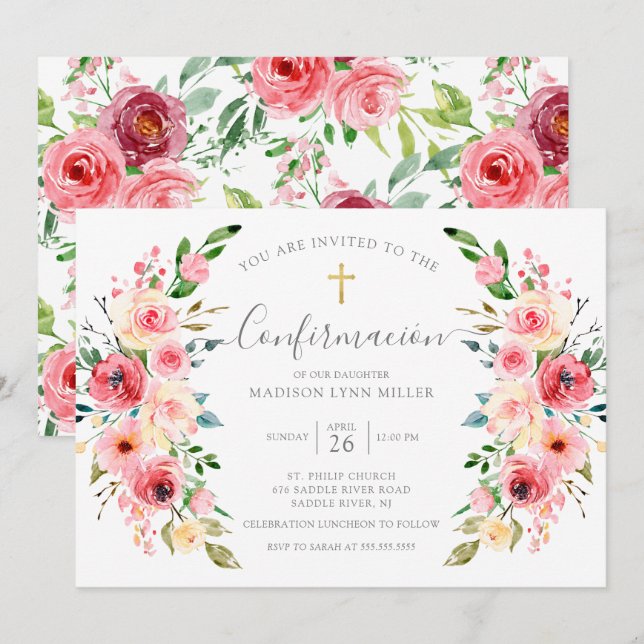 Peonies Rose Spanish Confirmation Invitation (Front/Back)