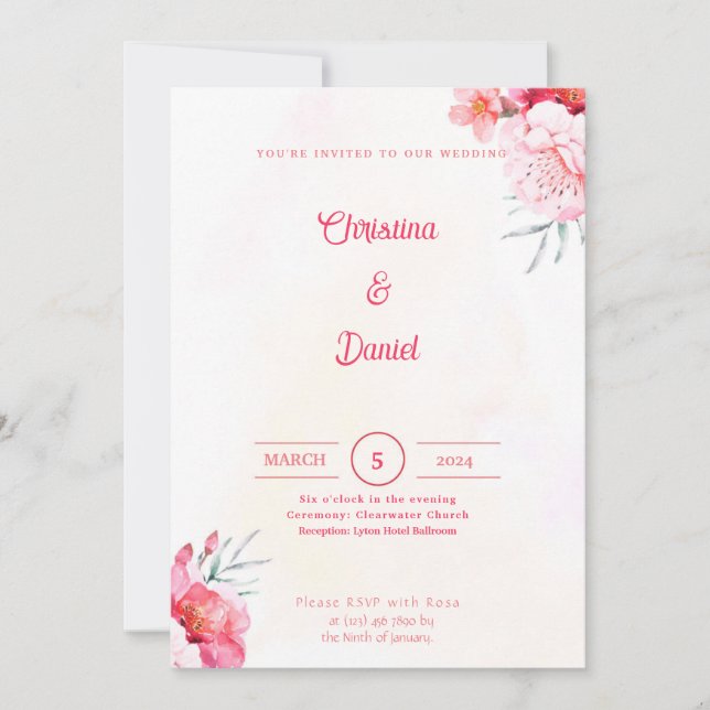 Peonies roses Aquarelle Mariage Invitations (Devant)