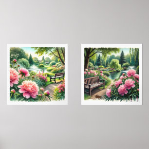 Peonies roses au parc Watercolor Print Set