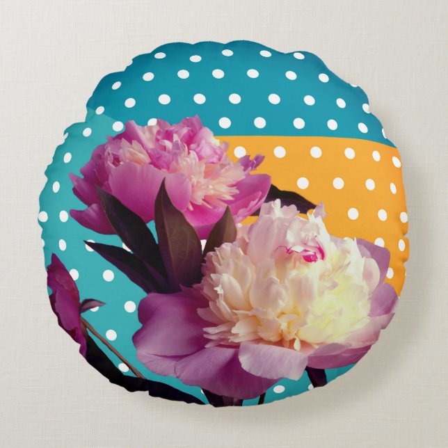 Peonies roses et points Coussin rond (Devant)