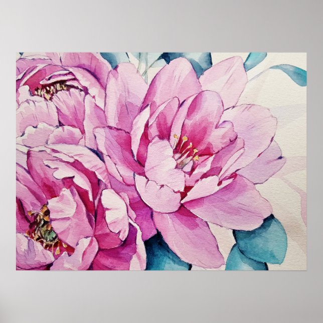 Peonies roses Floral Aquarelle Art Poster Papier (Devant)