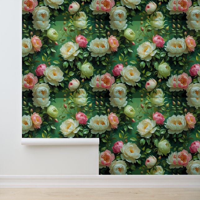 Peonies & Roses Green Floral Peel and Stick Wallpaper (Application)