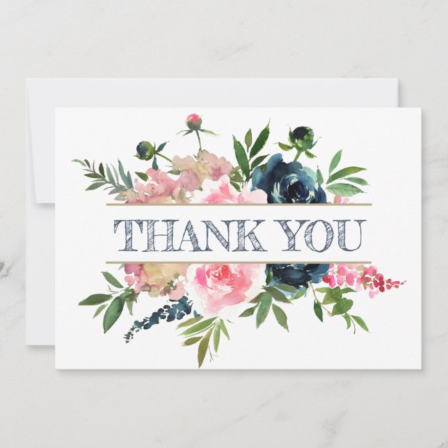 Peonies Roses Pink & Navy Watercolor Wedding Thank You Card (Front)