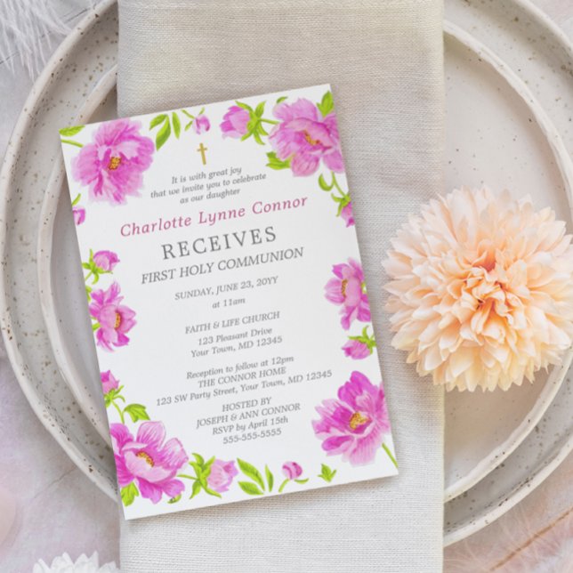 Peonies roses première communion sainte Invitation (Créateur téléchargé)