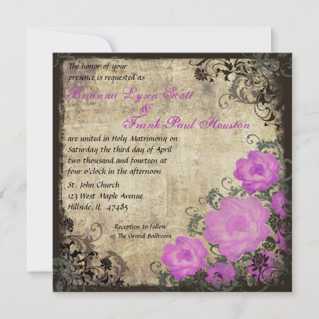Peonies roses Vintage Mariage Invitation (Devant)