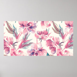 Peonies Seamless Pattern. Watercolor Background. Poster
