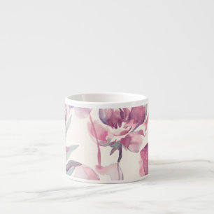 Peonies watercolor: seamless floral background. espresso cup