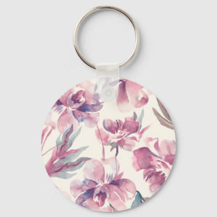 Peonies watercolor: seamless floral background. keychain