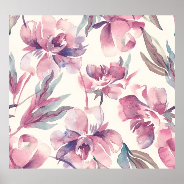 Peonies watercolor: seamless floral background. poster (Front)
