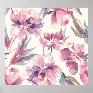 Peonies watercolor: seamless floral background. poster
