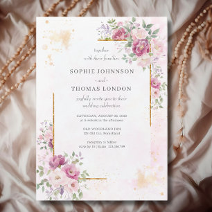 Peonies with gold frame wedding invitation
