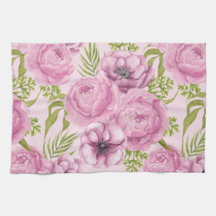 Peony and anemone flowers watercolor kitchen towel