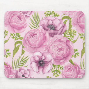 Peony and anemone flowers watercolor mouse pad