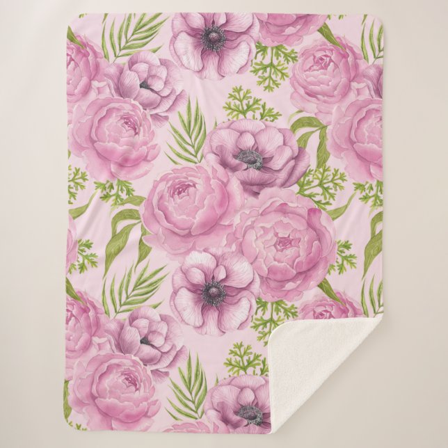 Peony and anemone flowers watercolor sherpa blanket (Front)
