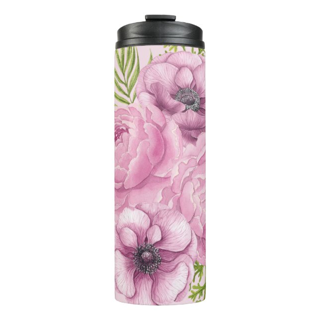 Peony and anemone flowers watercolor thermal tumbler (Front)