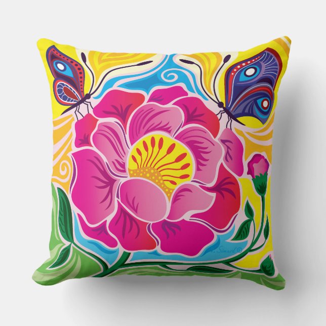 Peony and Butterflies Throw Pillow (Front)