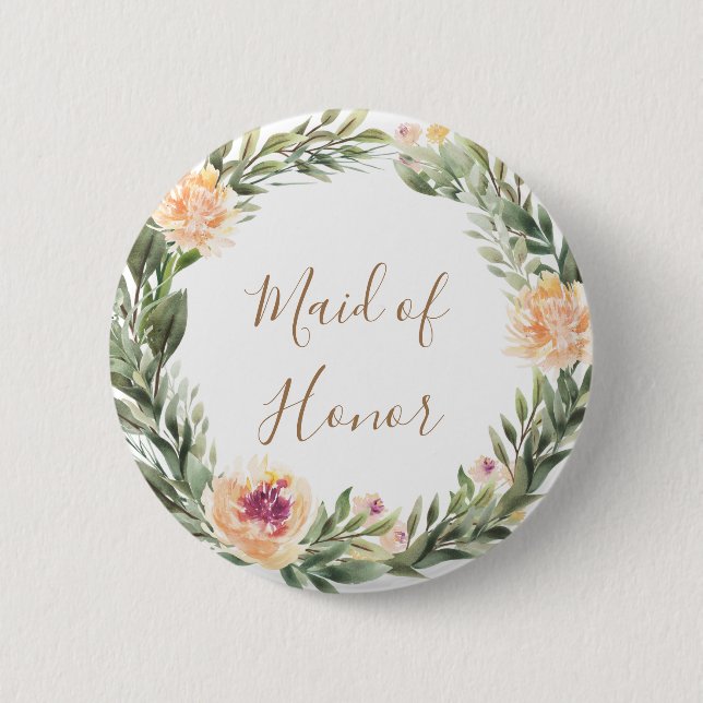 Peony and Foliage Frame Bridesmaid Badge 2 Inch Round Button (Front)