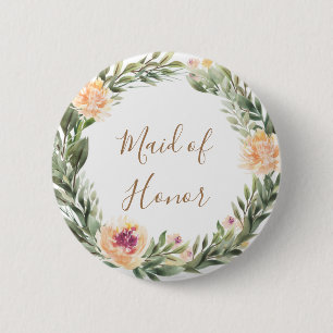 Peony and Foliage Frame Bridesmaid Badge 2 Inch Round Button