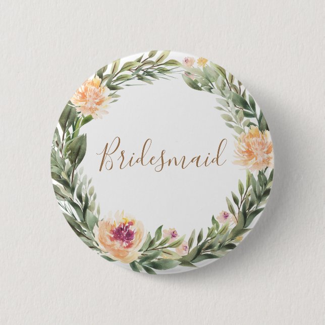 Peony and Foliage Frame Bridesmaid Badge 2 Inch Round Button (Front)