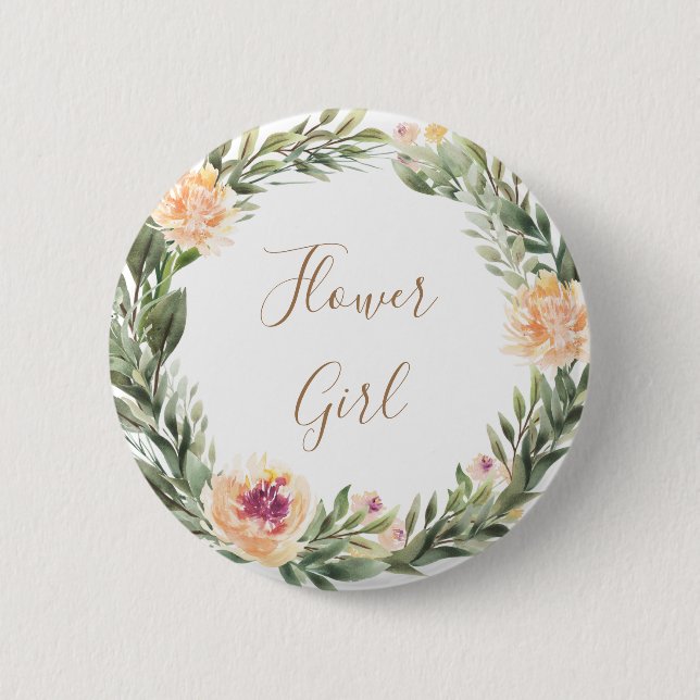 Peony and Foliage Frame Flower Girl Badge 2 Inch Round Button (Front)