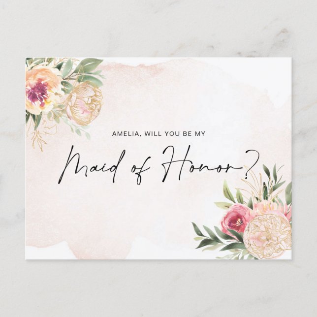 Peony and Gold Bloom Maid of Honor Carte postale (Devant)