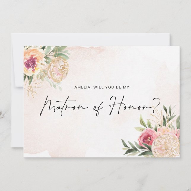 Peony and Gold Bloom Matron of Honor Flat Card (Front)