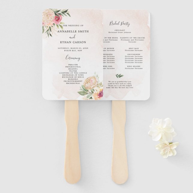 Peony and Gold Floral Ceremony Program Hand Fan (Front and Back)