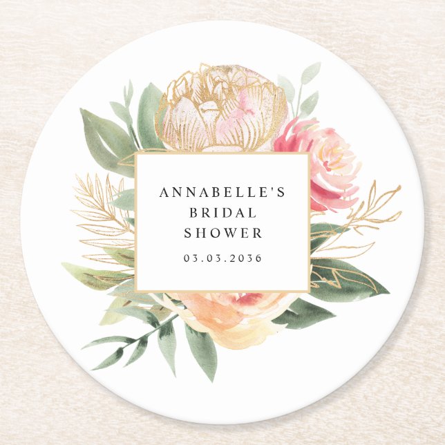 Peony and Gold Flowers Bridal Shower Coaster (Front)