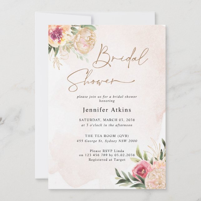 Peony and Gold Flowers Bridal Shower Invitation (Front)
