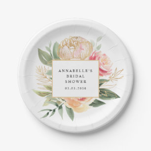 Peony and Gold Flowers Bridal Shower  Paper Plate