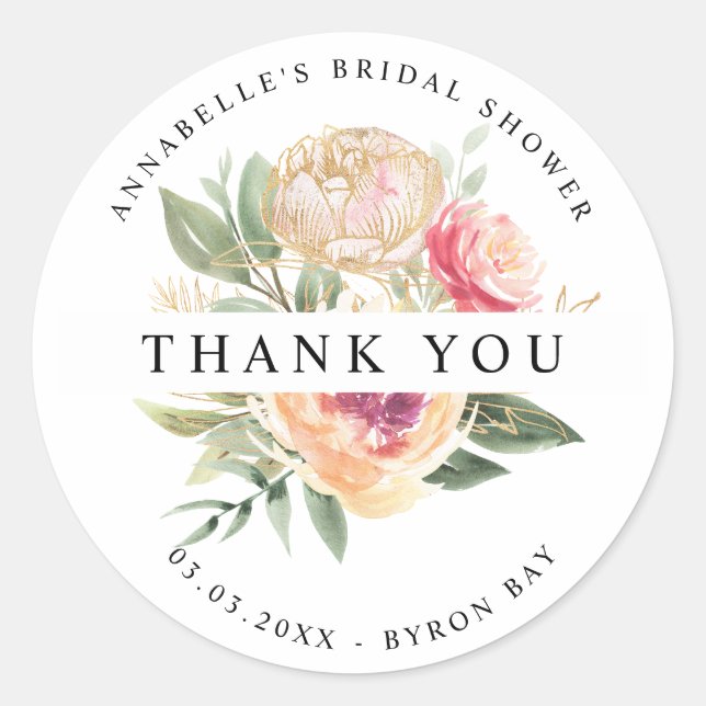 Peony and Gold Flowers Bridal Shower Sticker (Front)