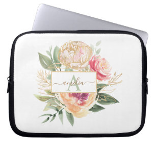 Peony and Gold Flowers Monogram Name iPad Pro Cove Laptop Sleeve