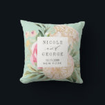 Peony and gold flowers monogram wedding keepsake throw pillow<br><div class="desc">A beautiful wedding keepsake throw pillow with watercolor botanical floral BOUQUET with green greenery, blush pink, beige, champagne, vanilla, purple flower peony on aqua background and classic grey lettering with chic calligraphy accent on word "and"on a timeless background in grey colour. Add your names, date and location (or leave it...</div>