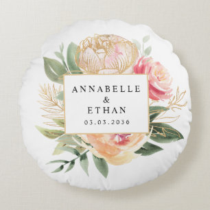 Peony and Gold Flowers Newlyweds Cushion