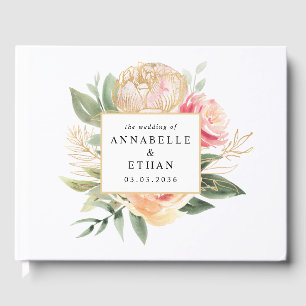 Peony and Gold Flowers Wedding Guest Book