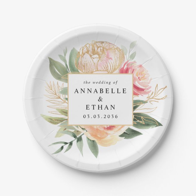 Peony and Gold Flowers Wedding Paper Plate (Front)
