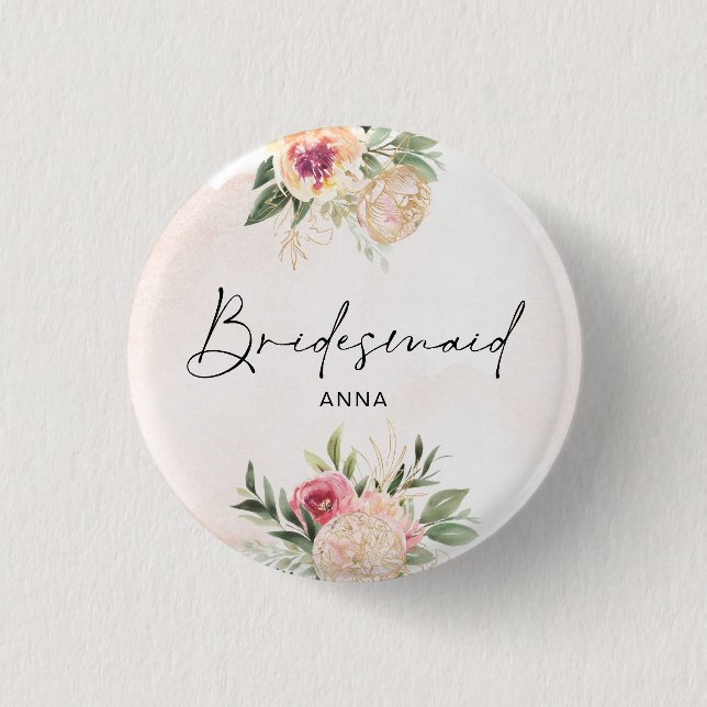 Peony and Gold Foil Bloom Badge 1 Inch Round Button (Front)