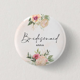 Peony and Gold Foil Bloom Badge 1 Inch Round Button