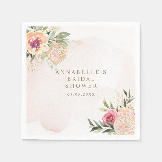 Peony and Gold Foil Bloom Bridal Shower Napkin (Front)