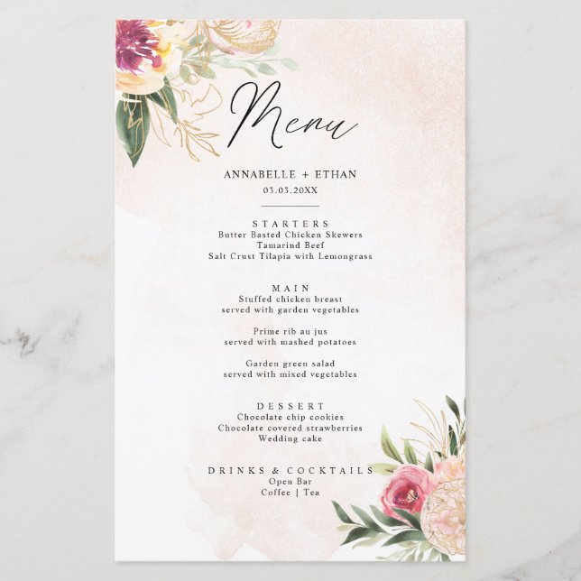 Peony and Gold Foil Bloom Menu Card (Front)