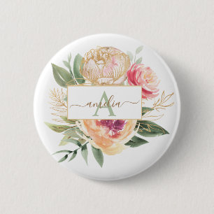 Peony and Gold Foil Bloom Monogram Name Badge 2 Inch Round Button