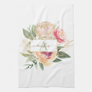 Peony and Gold Foil Bloom Monogram Name Kitchen Towel