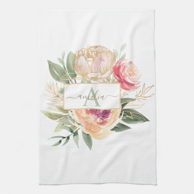 Peony and Gold Foil Bloom Monogram Name Kitchen Towel (Vertical)