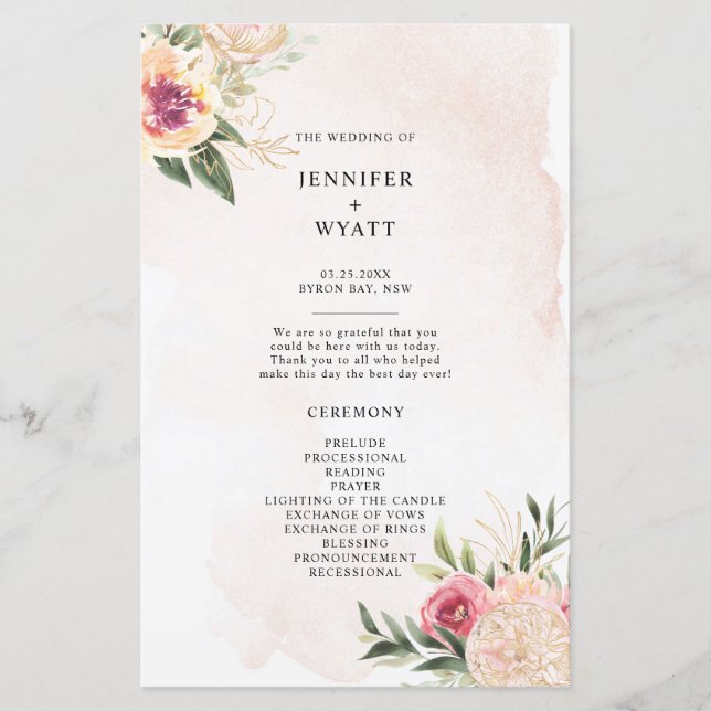 Peony and Gold Foil Bloom Wedding Ceremony Program (Front)
