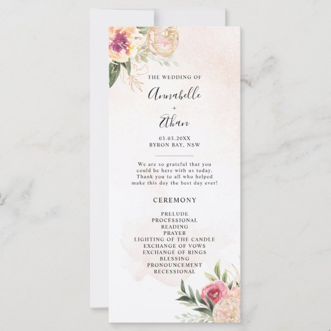 Peony and Gold Foil Bloom Wedding Ceremony Program (Front)
