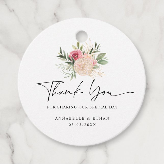 Peony and Gold Foil Blooms Favor Tag (Front)
