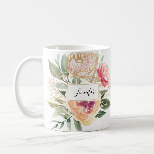 Peony and Gold Foil Blooms Mug (Left)