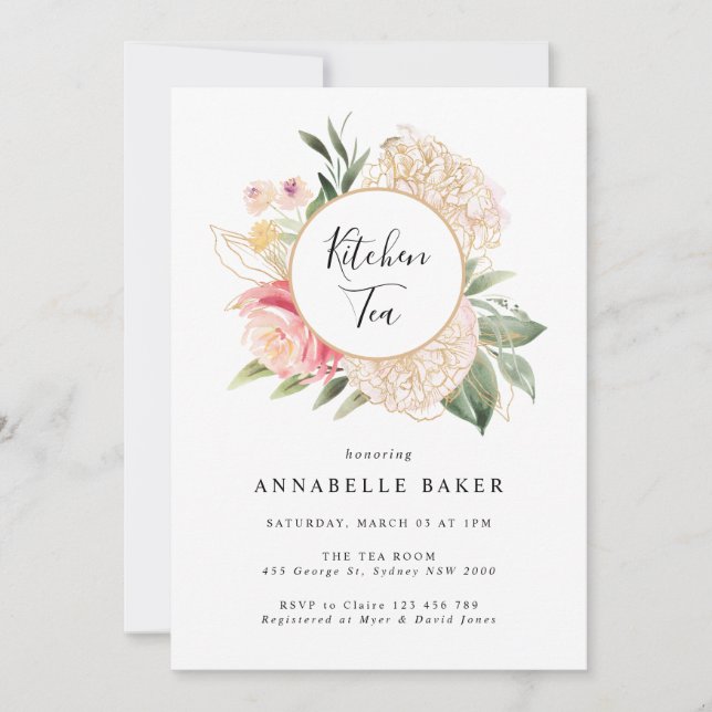 Peony and Gold Foil Fom Kitchen Tea Invitation (Devant)